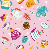 Seamless bright pattern with tea party utensils. multicolored mugs, cups, teapots and coffee cups on a pink background vector