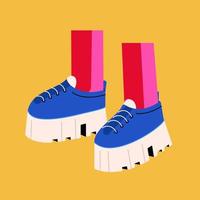 Blue sneakers with white soles on the feet. flat illustration of running shoes. An icon for a shoe store vector