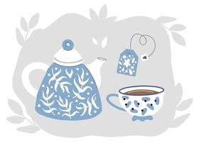 juego de té de platos de desayuno. una taza con café, té y tetera. vajilla retro hecha a mano vector