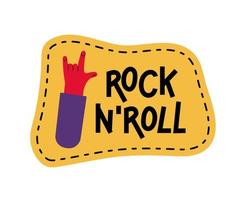 Yellow stripe rock and roll and hand. Flat gesture Horns , that rocks. Music sticker doodle or sketch vector