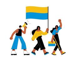 Ukrainians are carrying the flag of Ukraine and protesting. People are shouting into a megaphone and demanding rights. Stop the violence vector