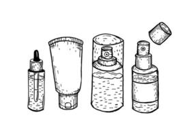 un conjunto de botellas y envases para cosméticos. suero, crema, loción, spray, pipeta. aplicar a la cara vector