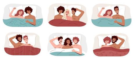 un conjunto de personas de diferentes colores en la cama. una variedad de parejas lgbt tienen sexo debajo de una manta. amor libre vector