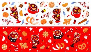 A set of horizontal banners with hot winter drinks. christmas pattern with mulled wine and spices vector