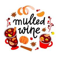 A set of elements of Christmas mulled wine. Recipe for a hot drink made of wine and spices. Punch in mugs vector