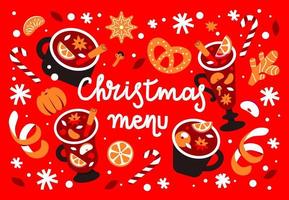 hot winter drinks are mulled wine, grog, punch or sangria. Wine in mugs and spices. Christmas bar menu vector