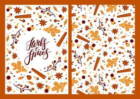 A set of templates for spices. Lettering Herbs and Spices. Seamless pattern for print, paper, textile, fabric vector