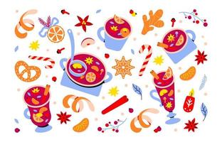 Christmas background with mulled wine, sangria, punch, grog. Glasses, mugs with red wine and fruits, spices vector