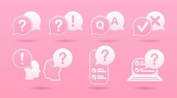 A set of three-dimensional 3d icons in the style of cut paper. Copy space. Answers to questions, FAQ, support help, smatrphone vector