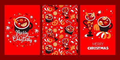 juego de tarjetas de navidad. vino caliente, mandarinas, vino, especias. patrón sin costuras, fondo textil vector