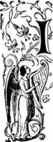 Decorative Letter I with Angel Playing Harp, vintage illustration vector