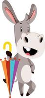 Donkey with umbrella, illustration, vector on white background.