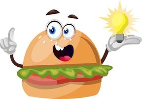 Burger with lighting bulb, illustration, vector on white background.