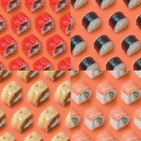 Collage with Different types of asian sushi rolls on orange background. Minimalism top view flat lay pattern with Japanese food photo