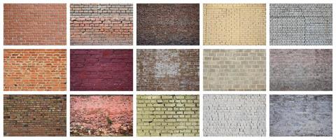 A collage of many pictures with fragments of brick walls of different colors close-up. Set of images with varieties of brickwork photo