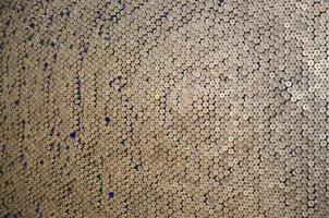 Pattern of 12 gauge cartridges for shotgun bullets. Shells for hunting rifle close up. Backdrop for shooting range or ammunition trade concepts photo