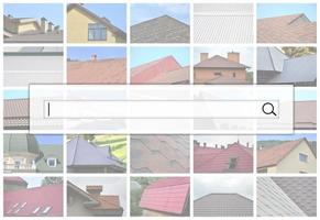 Visualization of the search bar on the background of a collage of many pictures with fragments of various types of roofing. Set of images with roofs photo