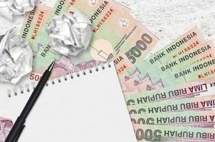 5000 Indonesian rupiah bills and balls of crumpled paper with blank notepad. Bad ideas or less of inspiration concept. Searching ideas for investment photo