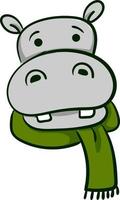 Hippo with green scarf, illustration, vector on white background