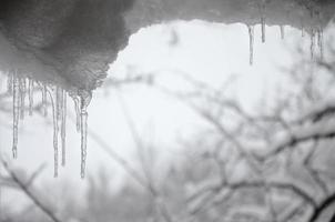 Several icicles are located above the blurred winter view from the window photo