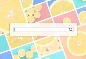Visualization of the search bar on the background of a collage of many pictures with juicy oranges. Set of images with fruits on backgrounds of different colors photo
