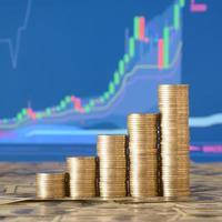 Golden coin stacks arranged as a graph. Increasing columns of coins photo