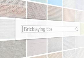 Visualization of the search bar on the background of a collage of many pictures with fragments of brick walls of different colors close up. Bricklaying tips