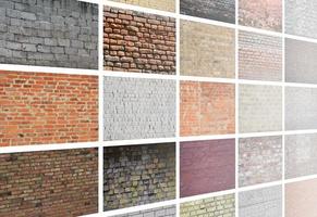 A collage of many pictures with fragments of brick walls of different colors close-up. Set of images with varieties of brickwork photo