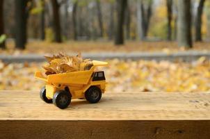A small toy yellow truck is loaded with yellow fallen leaves. The car stands on a wooden surface against a background of a blurry autumn park. Cleaning and removal of fallen leaves. Seasonal works photo