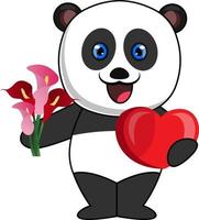 panda con corazón y flor, ilustración, vector sobre fondo blanco.