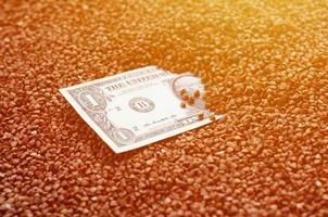 The background texture of a large pile of buckwheat, in the middle of which you see a bill of one US dollar. The concept of higher prices for cereals photo