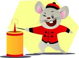 Happy mouse in red suit lightning a candle vector illustration on a white background