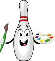 Bowling pin with color palette, illustration, vector on white background.