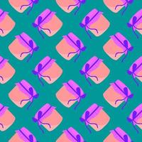 Pink jar with a bow, seamless pattern on blue background. vector