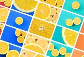 A collage of many pictures with juicy oranges. Set of images with fruits and different colors photo