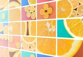 A collage of many pictures with juicy oranges. Set of images with fruits and different colors photo