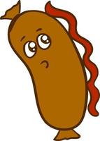 Cute sausage with ketchup on back, illustration, vector on white background.