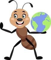 Ant with planet earth, illustrator, vector on white background.