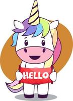 Unicorn with hello sign, illustration, vector on white background.