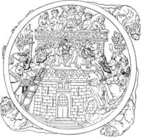 Ivory Carving, Mirror case illustrating storming of the Castle of Love, its about 14th century, vintage engraving. vector