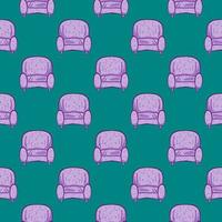 Purple armchair , seamless pattern on a green background. vector