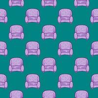 Purple armchair , seamless pattern on a green background. vector