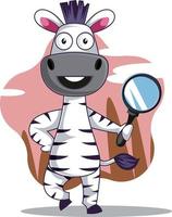 Zebra with magnifier tool, illustration, vector on white background.