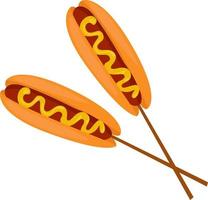 Hot dog on a stick, illustration, vector on white background.