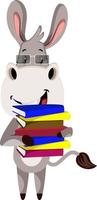 Donkey with books, illustration, vector on white background.