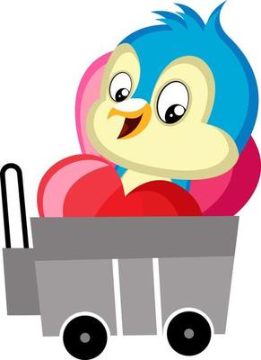Blue bird sitting in the trailer, illustration, vector on white background.
