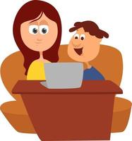 madre e hijo viendo películas, ilustración, vector sobre fondo blanco