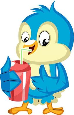 Blue bird drinks from red cup, illustration, vector on white background.