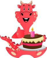 Red dragon is holding cake, illustration, vector on white background.