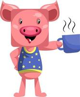 Pig with cup of coffee, illustration, vector on white background.